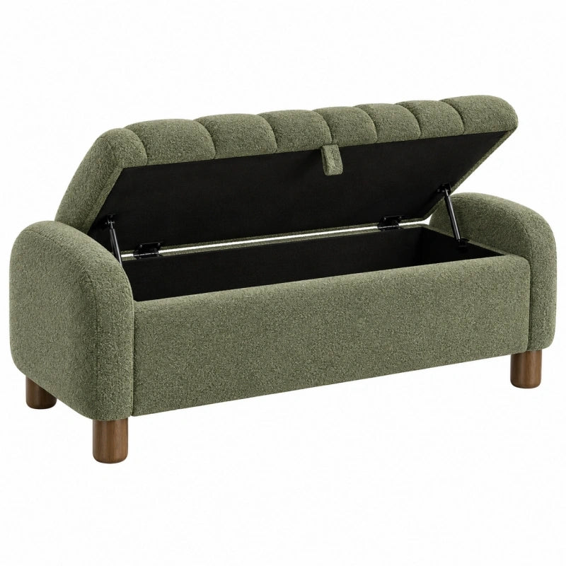 Sitzbank 132 cm Bouclé Olivgrün mit Stauraum und gepolsterter Rückenle – elqadron