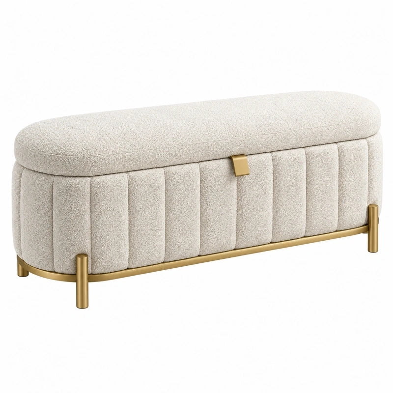 Sitzbank mit Stauraum 100 x 40 x 45 cm Bouclé Stoff Cremefarben Gold Metall gepolstert