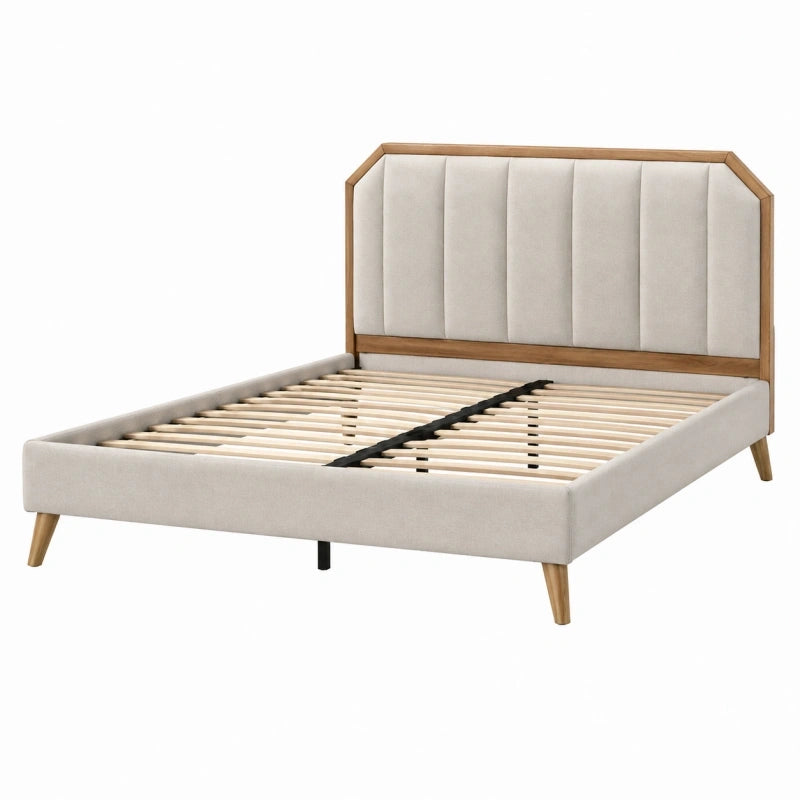 Bettrahmen 160 x 200 cm Beige Naturholz mit gepolstertem Kopfteil und Lattenrost