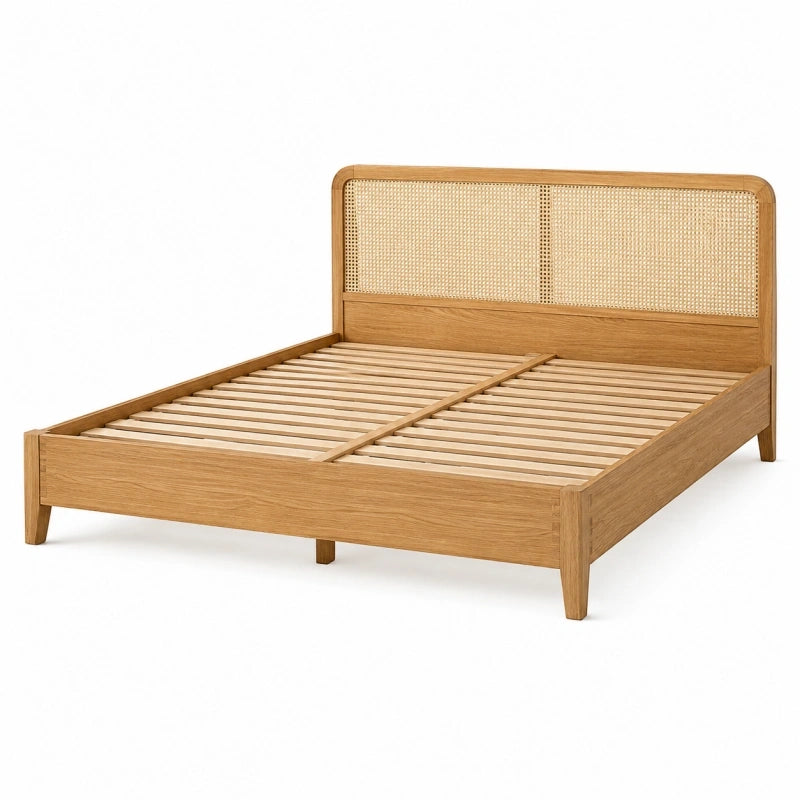 Bettgestell 160 x 200 cm aus Holz und Rattan in Natur - Doppelbett mit Lattenrost