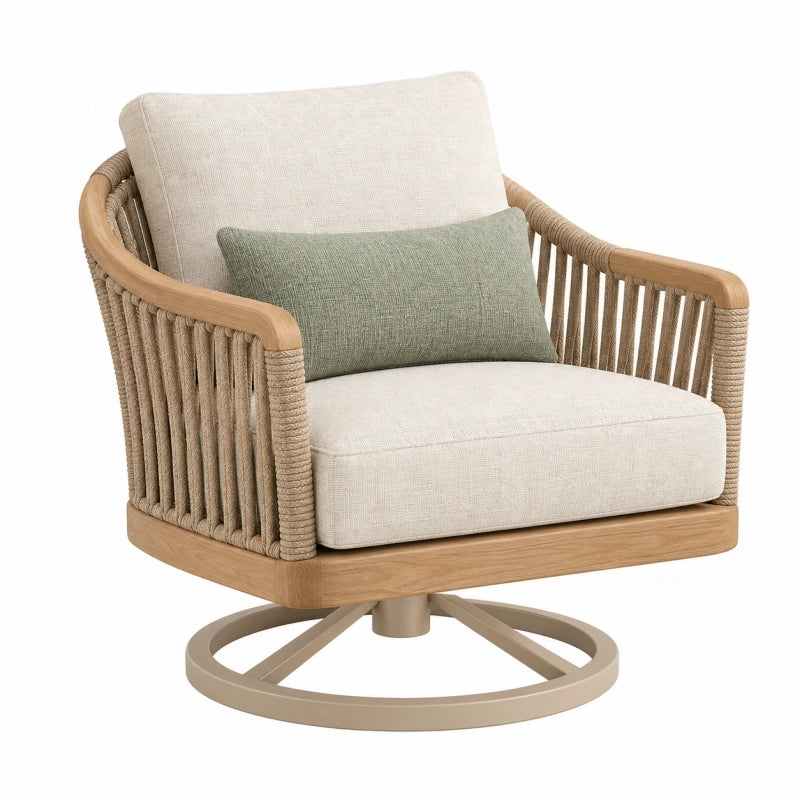 Drehsessel 82 x 78 x 85 cm mit Holzrahmen und Seilbespannung in Beige Naturholz