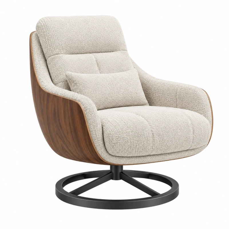 Drehsessel 85 x 90 x 100 cm Boucléstoff Creme Holzoptik moderner Lounge-Sessel