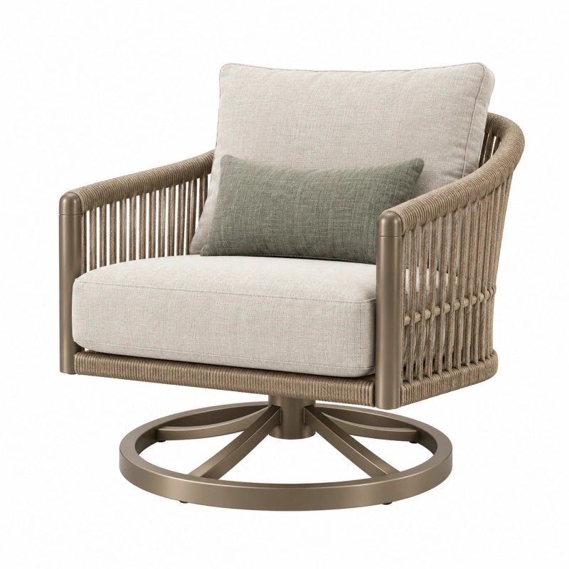 Outdoor-Drehsessel 82 x 84 x 88 cm mit Metallgestell und Seilbespannung in Beige Taupe