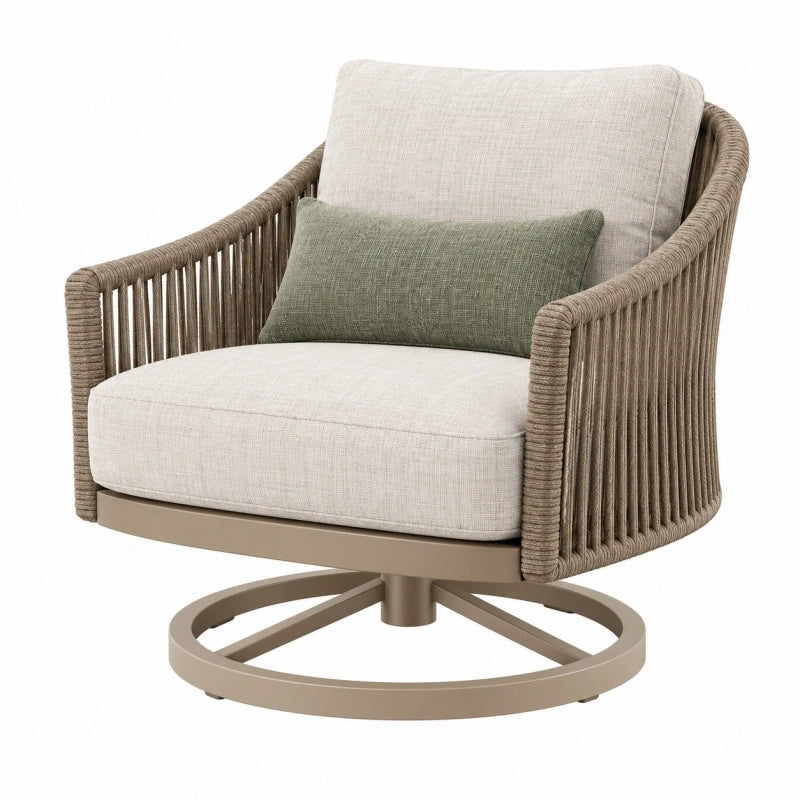 Drehsessel 80 x 85 x 90 cm mit Metallgestell Textilpolsterung und Kordelgeflecht in Beige Taupe