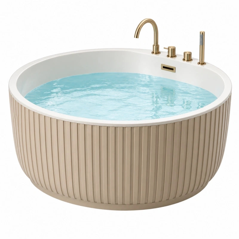 Freistehende Rundbadewanne Durchmesser 150 cm Höhe 65 cm aus Acryl in Beige mit geriffelter Oberfläche