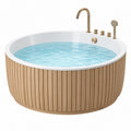 Freistehende Rundbadewanne 150 cm Holz Weiß Gold - Moderne Badewanne mit Armaturen