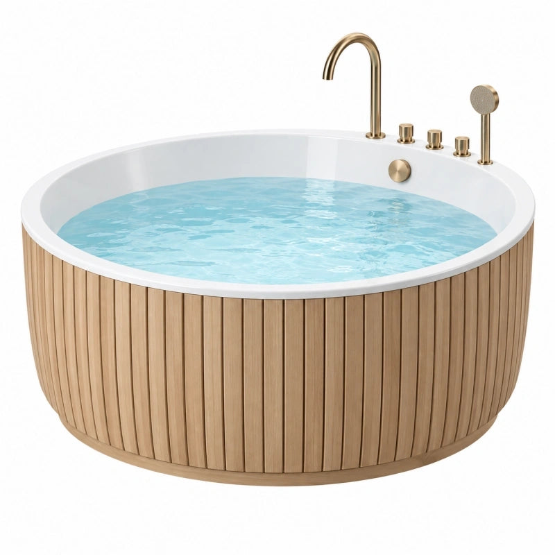 Freistehende Rundbadewanne 150 cm Holz Weiß Gold - Moderne Badewanne mit Armaturen