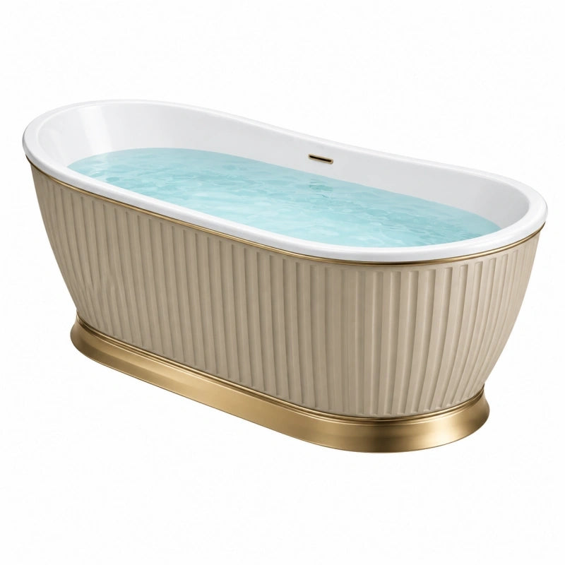 Freistehende Badewanne 170 x 75 x 75 cm Weiß Beige Gold geriffelte Acrylwanne im klassischen Stil