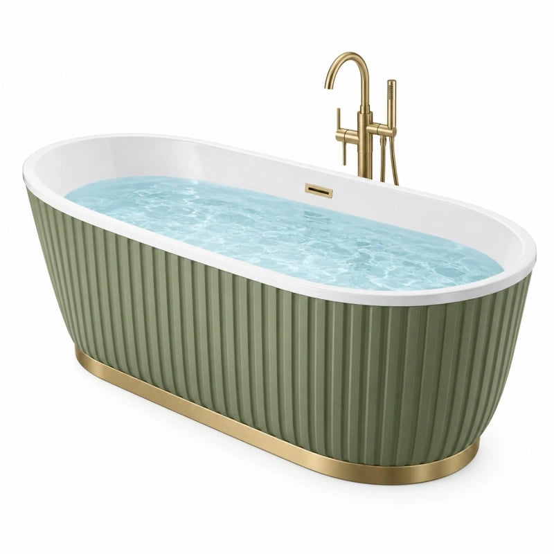Freistehende Badewanne 170 x 75 x 58 cm aus Acryl in Olivgrün Weiß Gold mit geriffelter Außenverkleidung